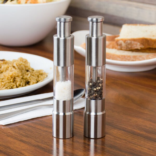 American Metalcraft 6 Stainless Steel Presto Push Salt and Pepper Mill Set  - 2/Set