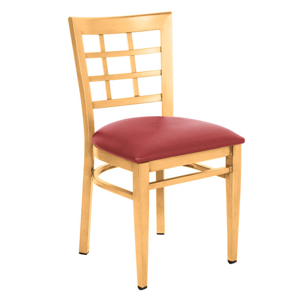 Lancaster Table Seating Spartan Series Metal Window Back Chair With Natural Wood Grain Finish And Red Vinyl Seat