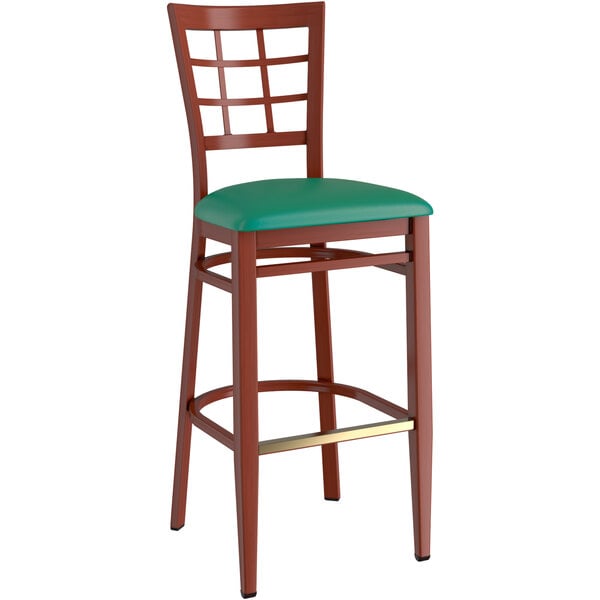 Lancaster Table & Seating Spartan Series Metal Window Back Bar Stool with Mahogany Wood Grain Finish and Green Vinyl Seat - Detached Seat