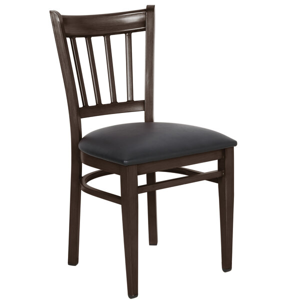 Mahogany Wood Finished Vertical Slat Back Restaurant Chair with Black Vinyl Seat 
