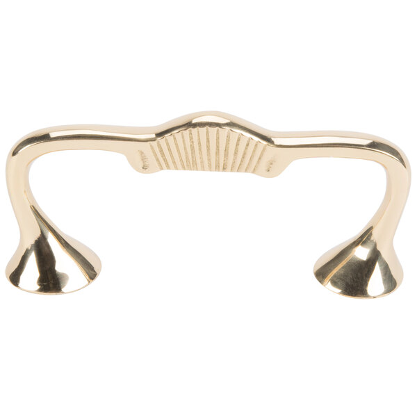 A gold curved pull handle for Vollrath Classic Chafers.
