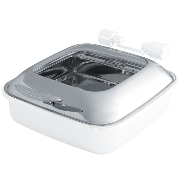 A white square glass lid with a handle for a Vollrath Intrigue chafer.
