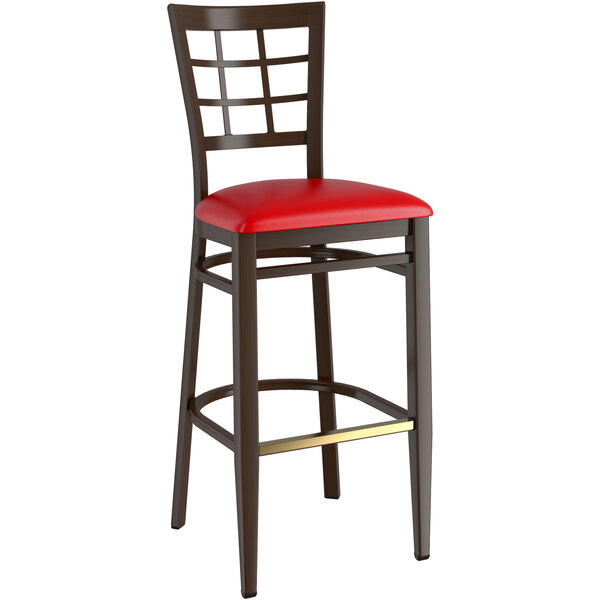 Lancaster Table & Seating Spartan Series Metal Window Back Bar Stool with Dark Walnut Wood Grain Finish and Red Vinyl Seat - Detached Seat