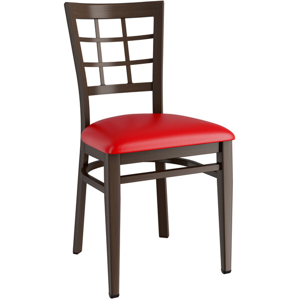 Lancaster Table & Seating Spartan Series Metal Window Back Chair with Dark Walnut Wood Grain Finish and Red Vinyl Seat