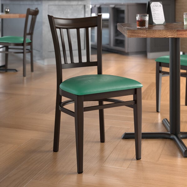 Lancaster Table & Seating Spartan Series Metal Slat Back Chair with Dark Walnut Wood Grain Finish and Green Vinyl Seat