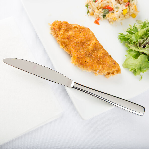 An Arcoroc stainless steel dinner knife on a plate of food