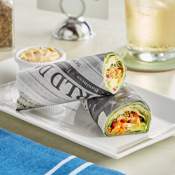 A plate of food wrapped with Choice newspaper deli wrap on a table.