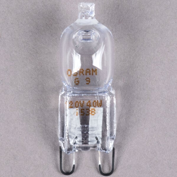 An Avantco clear 40W light bulb with black metal rings.