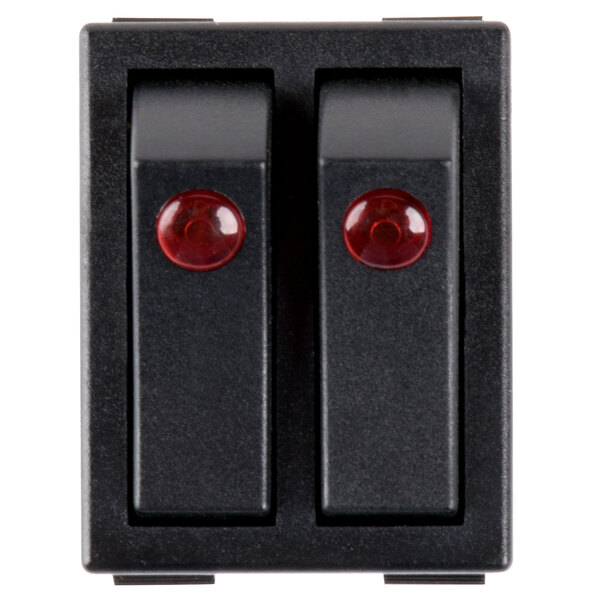 A black rectangular Avantco lighted on/off rocker switch with red lights on the switches.