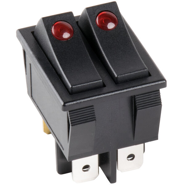 A close-up of an Avantco lighted on / off rocker switch with red lights.