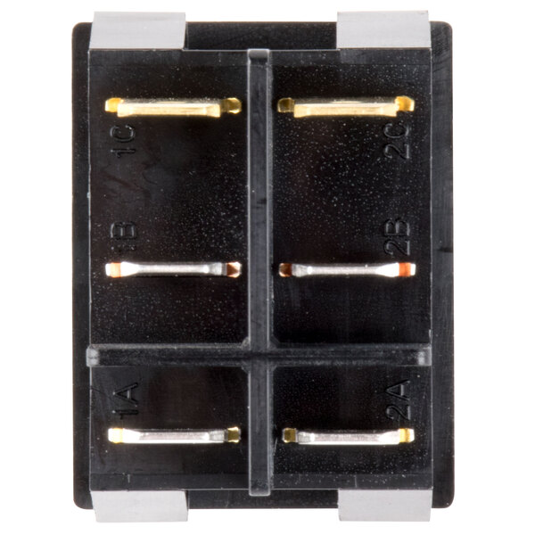 A black rectangular Avantco lighted on / off rocker switch with metal pins.