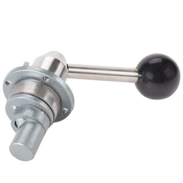 A close-up of a metal and black ball valve handle.