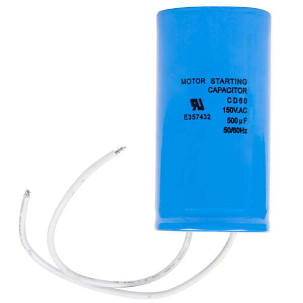 A close-up of a blue Avantco motor start capacitor with white wires attached.