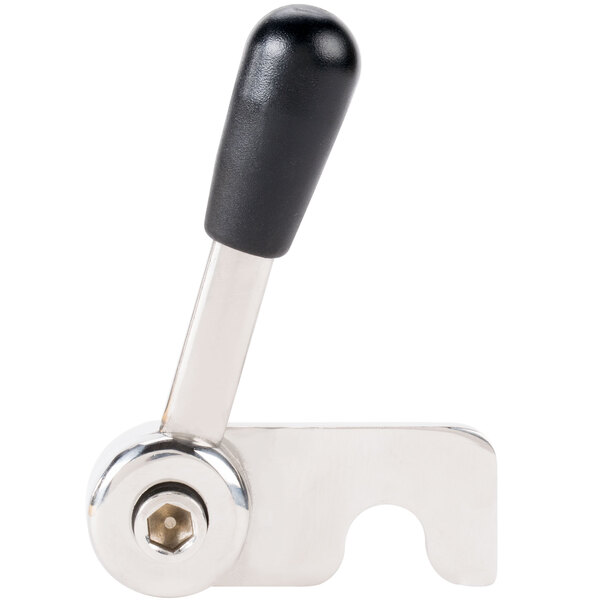 A stainless steel Avantco bowl lock handle with a black plastic knob.