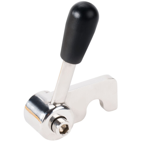 An Avantco stainless steel bowl lock handle with a black knob.
