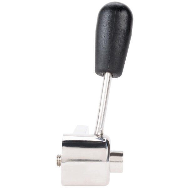 An Avantco stainless steel bowl lock handle with a black lever.