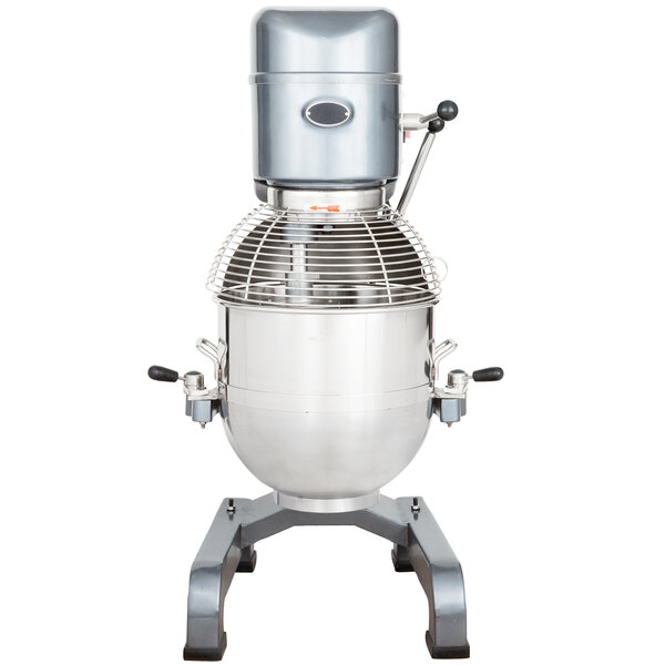 An Avantco metal bowl lock handle on a large industrial mixer.