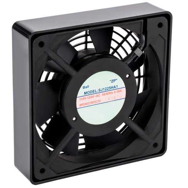 An Avantco black industrial fan with a white label.