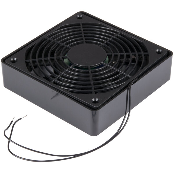 A black square device with a black fan and wires.