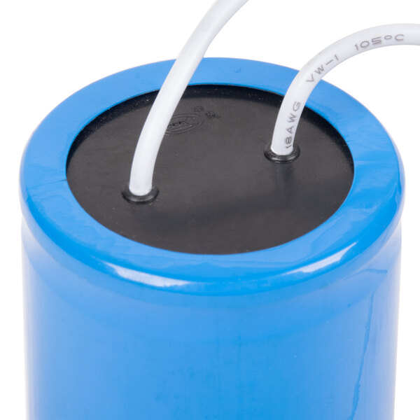 A blue cylindrical Avantco motor run capacitor with white wires.