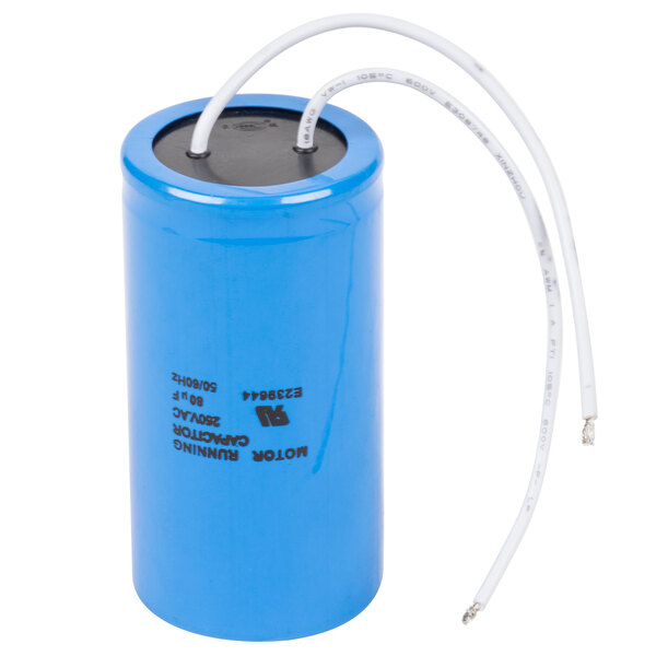 A blue Avantco motor run capacitor with white wires.
