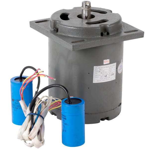 An Avantco 177PMX30MTR motor, a grey metal cylinder with blue wires attached.