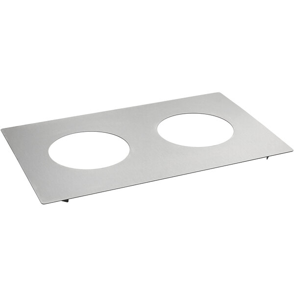 A white rectangular stainless steel plate with two holes.