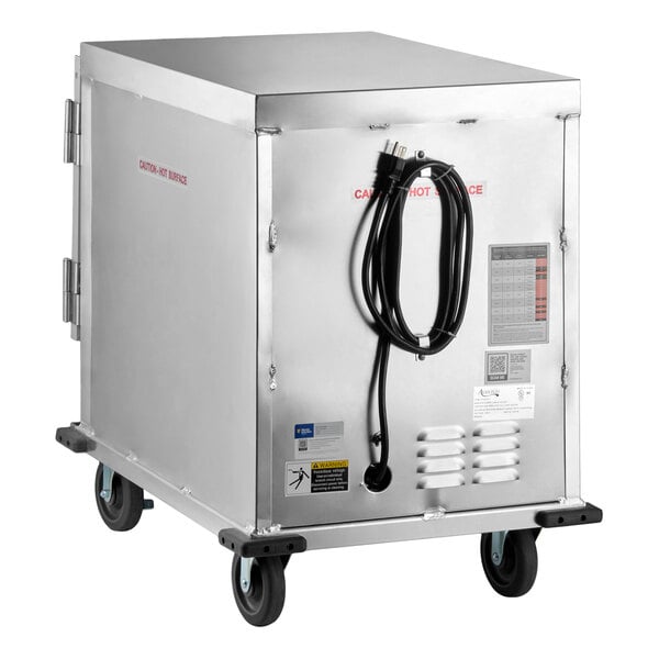 An undercounter half size insulated heated holding and proofing cabinet with a clear door, mounted on wheels and equipped with a power cord.