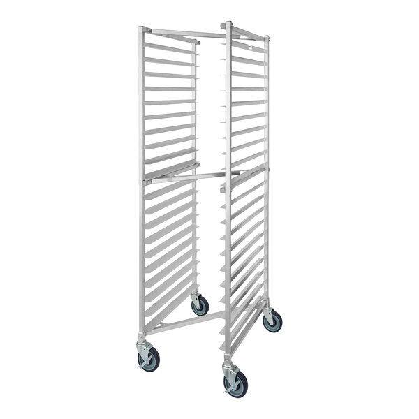 A tall, metal rack with multiple horizontal slots and four caster wheels, designed for holding trays or pans.