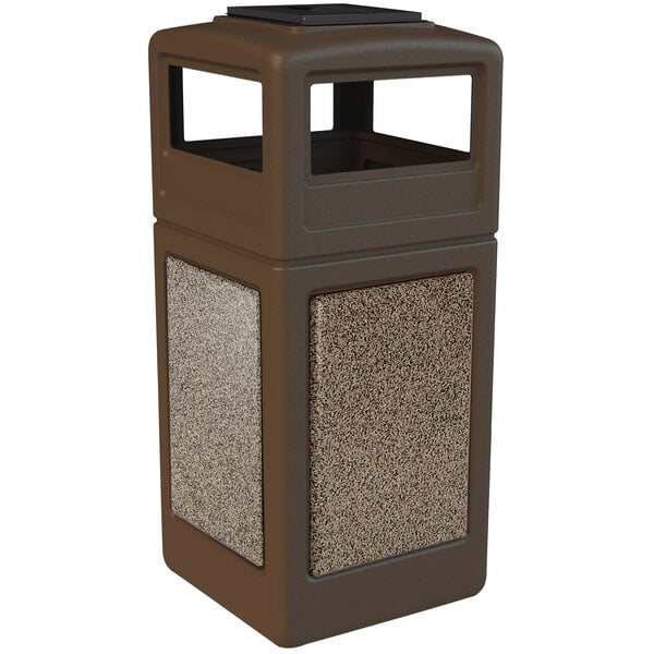 A brown square StoneTec waste receptacle with riverstone panels and an ashtray dome lid.