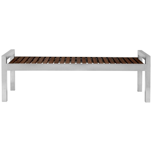 A brown wooden slat bench with metal legs.
