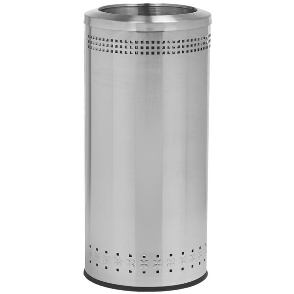 A stainless steel round trash receptacle with an open top lid with holes in it.