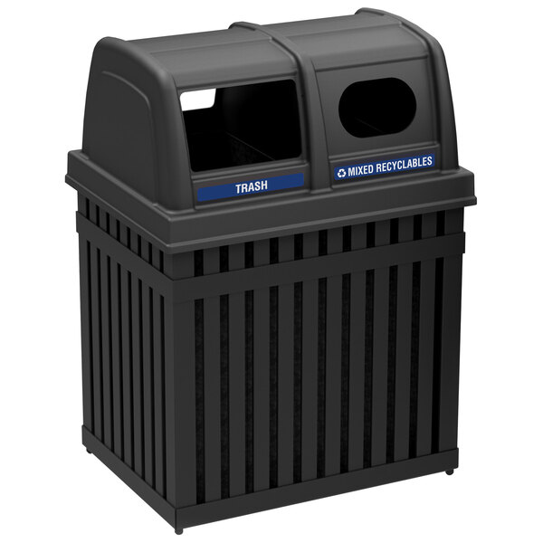 A black rectangular Commercial Zone Parkview trash can with two separate bins and decals with two windows.