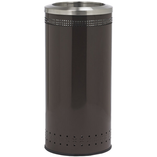 A brown steel round trash receptacle with an open top lid.