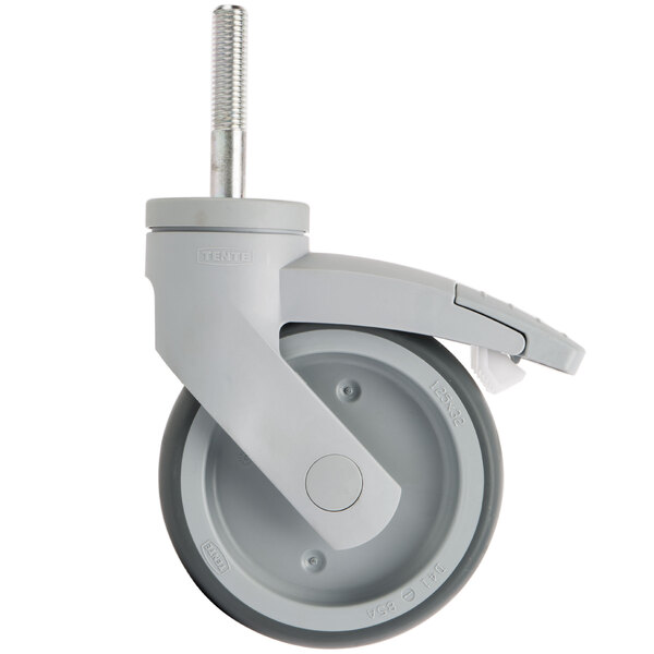 A close-up of a Cambro stainless steel swivel caster with a metal wheel.