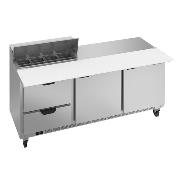 A Beverage-Air refrigerated sandwich prep table with two drawers and two doors.