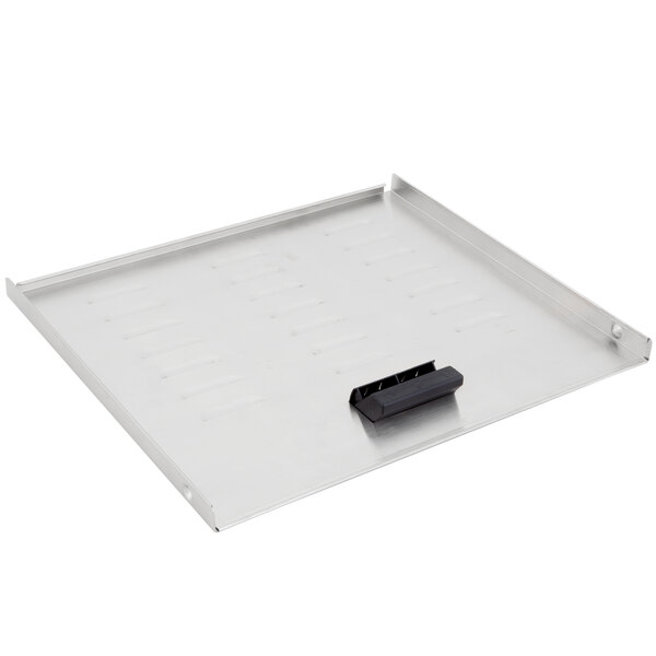 A metal tray for an Avantco food dehydrator with a black handle.