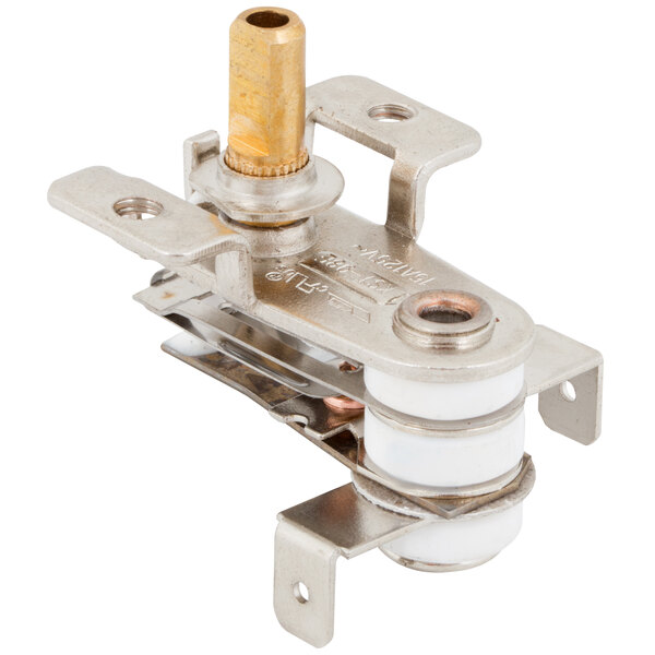 An Avantco thermostat with a brass knob on a white background.