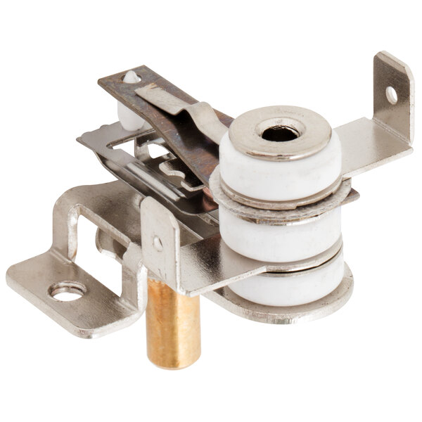 A close-up of a white and silver metal thermostat.