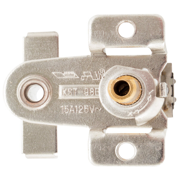 A silver metal thermostat latch with a gold screw.