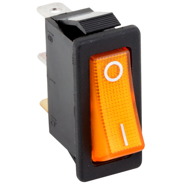An Avantco on/off rocker switch with an orange light.