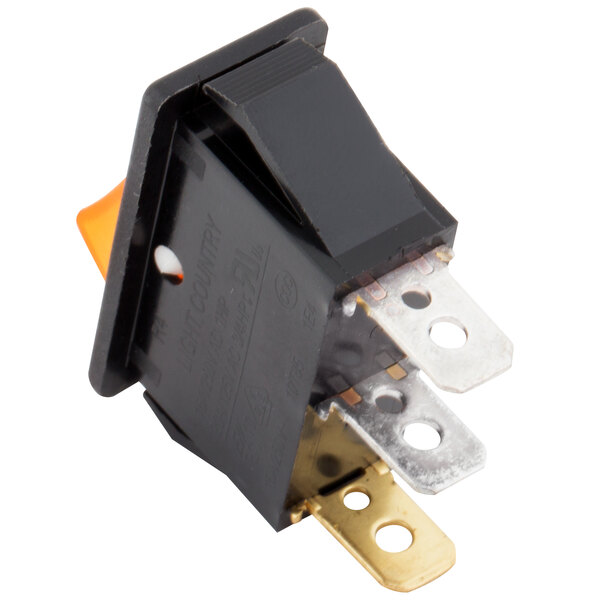 An Avantco black and orange On/Off rocker switch with a yellow light.