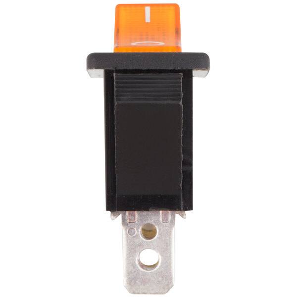 A close-up of a black rectangular On / Off rocker switch with orange and black accents.