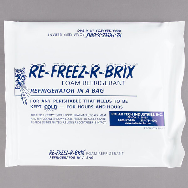 A white package of 8 Polar Tech Re-Freez-R-Brix foam freeze packs with blue text.