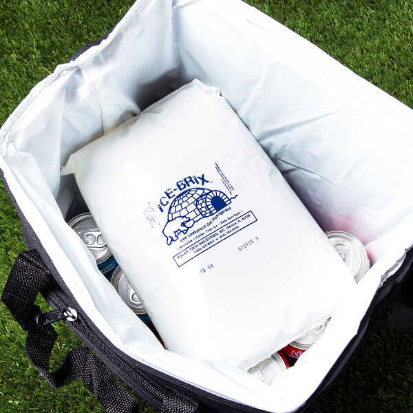 A cooler bag filled with Polar Tech Ice Brix and cans.