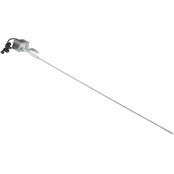 A long silver metal rod with a black cord and white label.