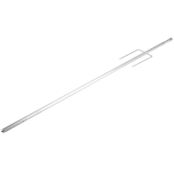 An Optimal Automatics aluminum skewer with a built-in fork and white handle.