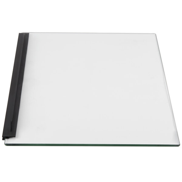 A white rectangular glass door with black trim and a black handle.