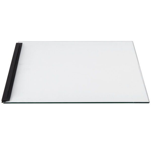 A white rectangular glass plate with black trim and a black handle.