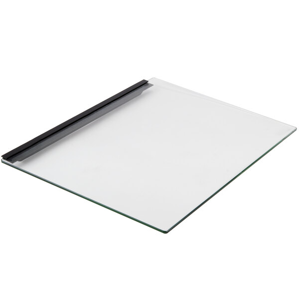 A clear glass back door with black plastic and a black handle.